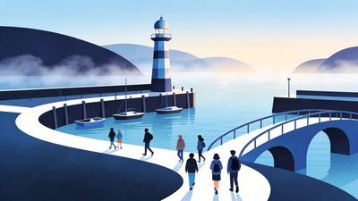 Stylized harbor scene with a beacon tower, calm water, and misty rounded hills in soft heritage blue tones.