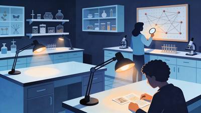 A rounded geometric evidence workshop hall interior with investigation stations, specimen shelves, a pin-board of connected threads, and a learner examining clues under warm lamp light against deep navy.